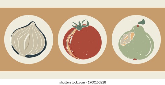 Vintage illustrations of vegetables and fruits in vintage style. Set of three round posters for menu design, restaurant decor, grocery stores. Minimalistic backgrounds with onion, tomato, pear.