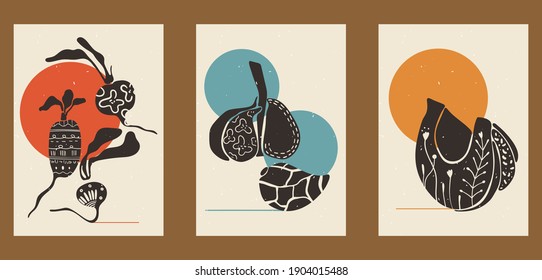 Vintage illustrations of vegetables. Set of three posters for menu design, restaurant decor, grocery stores, social media. Minimalistic backgrounds with circles, radish, garlic, pumpkin, patterns.