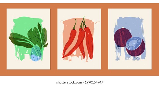 Vintage illustrations of vegetables. Set of three posters for menu design, restaurant decor, grocery stores, social media. Minimalistic backgrounds with blots of paint, pak choi, chili, onions.