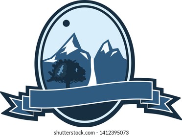 vintage illustrative logo mountain and tree and river ,ribbon ,encapsulated logo