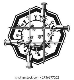 vintage image of a coronavirus with syringe needles in the form of a prison grate to stop and to protect against the corona virus.