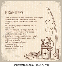 Vintage image of Fishing rod and fishes.Vector drawing illustration for text