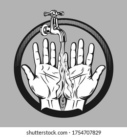Vintage image of hands under a stream of water falling from a tap. Monochrome drawing in the style of engraving, woodcut. Vector illustration.