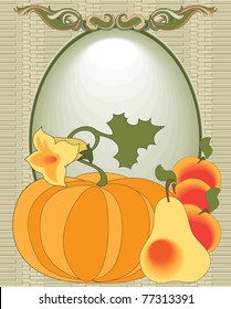 Vintage image of a set of beautiful fruits and vegetables on a  decorative background