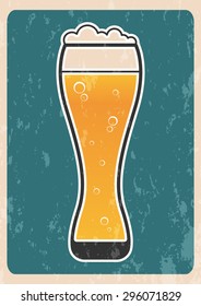 A vintage image of a tall glass of beer with foam on a blue background.