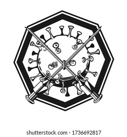 Vintage images of a coronavirus with syringe needles in the form of a crosshair to stop the coronavirus to protect against the crown virus. For label, Logo, sign, poster, card.