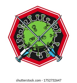 Vintage images of a coronavirus with syringe needles in the form of a crosshair to stop the coronavirus to protect against the crown virus. For label, Logo, sign, poster, card. Color  illustration.