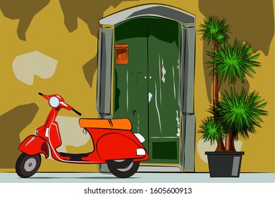 vintage imagine of a typical roman corner whit red scooter and succulent
