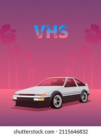 vintage import tuner car style and palm trees with vhs text, retro neon vaporwave poster, space trip concept