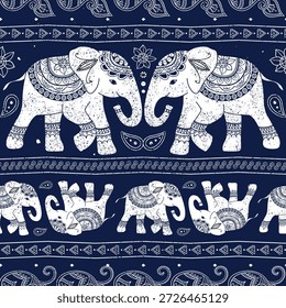 Patrón inconsútil del elefante indio de Antiguas en estilo tribal de la impresión del bloque