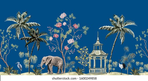 Vintage indian floral palm trees, sakura, elephant, hero, crane animal seamless pattern on blue background. Exotic oriental chienoisrie wallpaper.
