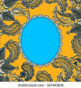 Vintage indian gift card template. Vintage frame and indian doodles on yellow background. Vector illustration