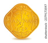 Vintage Indian Half anna 1944 coin isolated on white background in vector illustration. Translation: "Two Paisa"