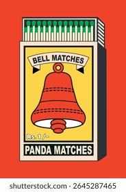 Vintage indiano Matchbox Art - bola, anel Matches ícone Vetor. Vetor de caixa de correspondência clássico e estilo antigo em estilo de design indiano antigo. Retro Antique Design combina embalagem e ilustração buzzer.