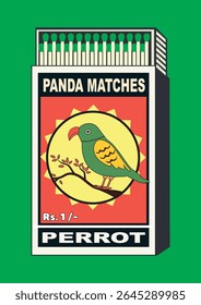 Vintage Indian Matchbox Art – Parrot  Matches Vector icon. Classic and Old-Style Matchbox Vector Parrot on Tree in Old Indian Design Style Retro Antique Design Matches Packaging  Parrot Illustration