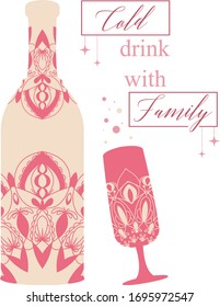 Vintage indian red of glass and bottle with delicious cold champagne for party. Vector