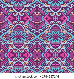 Vintage indian retro stylized flowers and rhombus. Vector seamless bohemian surface design