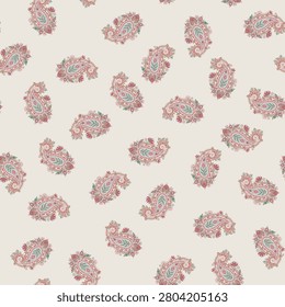 Vintage Indian style featuring delicate random botanical elements in pink and green for elegant bedding, upholstery, and rich wallcoverings.