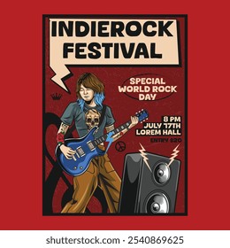 Vintage Indie Rock Music Festival special World Rock Day concert poster flyer with a woman playing electric guitar, and speaker in vector illustration style