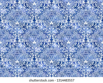 Vintage indigo dyed seamless pattern. Traditional ornamental ink texture.