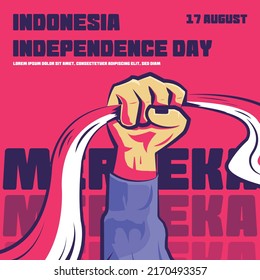 Vintage Indonesia independence day background with hand holding flag vector illustration