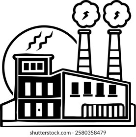 vintage industrial factory icon design. brick exterior with smokestacks and gears. retro manufacturing style vector illustration.