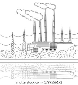 Vintage industrial landscape in engraving style, great design for any purposes. Vector line cityscape illustration. Urban landscape. Hand drawn engraved old sketch. Countryside engraving.