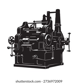 Vintage industrial machine, gears, levers, wheels. Represents manufacturing equipment, mechanical engineering, historical machinery, factory settings, industry, technology, power, and mechanics.