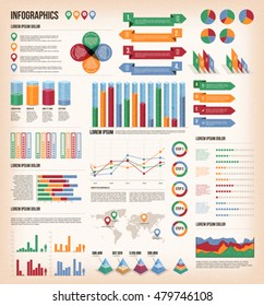 Vintage Infographic Elements/
Set of infographics design elements, with arrows, bar graph, statistics, corporate business information and global communication concepts on retro vintage background