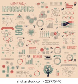 Vintage Infographics With Data Icons, World Map Charts And Design Elements. Vector Illustration.