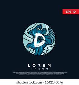 vintage initial letter d inside japanese wave art logo. modern icon, template design