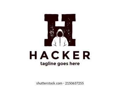 Vintage Initial Letter H with Mysterious Man for Hacker Logo Design