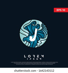vintage initial letter j inside japanese wave art logo. modern icon, template design