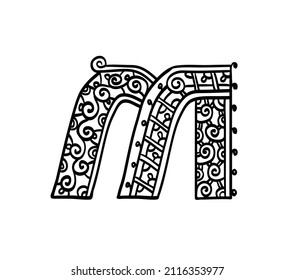Vintage initial letter M. Hand drawn vector illustration. Ethnic patterned alphabet.