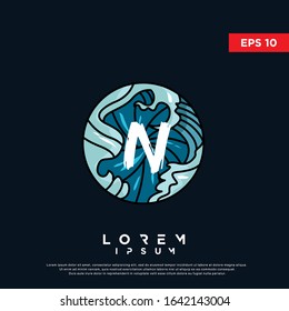 vintage initial letter n inside japanese wave art logo. modern icon, template design