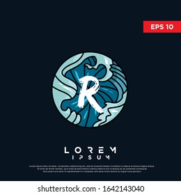 vintage initial letter r inside japanese wave art logo. modern icon, template design