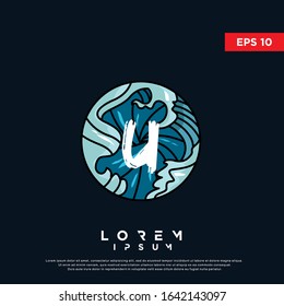 vintage initial letter u inside japanese wave art logo. modern icon, template design