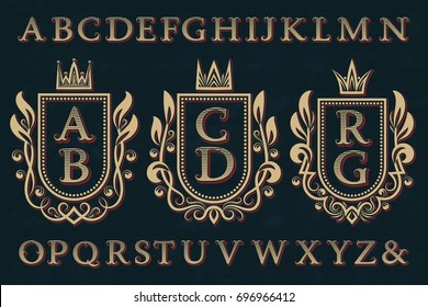 Vintage initial logos kit. Coat of arms frames, striped letters, isolated alphabet.
