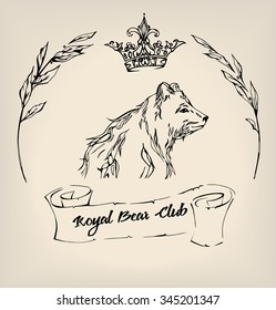 Vintage ink bear with crown, scroll and twigs. Vector illustration