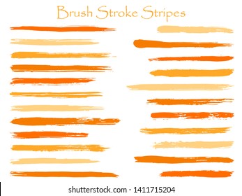 Vintage ink brush stroke stripes vector set, orange horizontal marker or paintbrush lines patch. Hand drawn watercolor paint brushes, smudge strokes collection. Interior paint color palette samples.