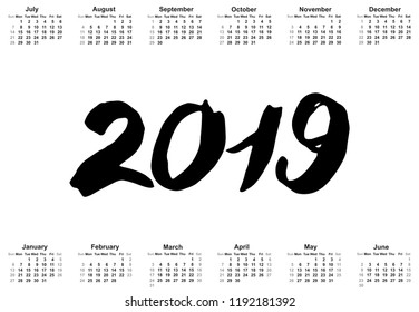 Vintage ink Merry Christmas and Happy New Year sketched 2019 greeting card calligraphy. Hand drawn vector font lettering numbers in Chinese style with calendar grid
