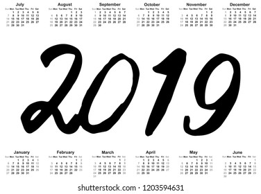 Vintage ink Merry Christmas and Happy New Year sketched 2019 greeting card calligraphy. Hand drawn vector font lettering numbers in Chinese style with calendar grid