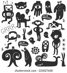 Vintage ink monsters and freaks. Hand drawn vector illustration.