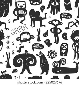 Vintage ink monsters and freaks. Seamless pattern on white background. Hand drawn vector illustration.