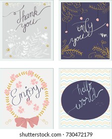 Vintage ink paint word Lettering,thank you,enjoy,only you,hello world,Dry brush,Hand draw brush font,sweet pastel flower floral garden style for wedding or invitation card,doodle illustration vector