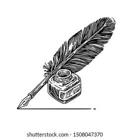 Vintage ink pen with inkwell. Sketch. Engraving style. Vector illustration.