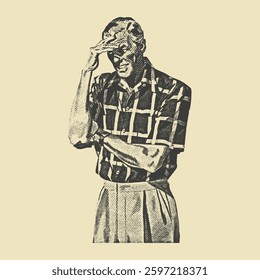  A vintage ink-style drawing of a man in a checkered shirt, expressing concern or deep thought with his hand on his forehead.