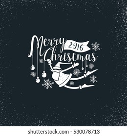 Vintage inscription Merry Christmas and Santa with snowflakes on a dark background