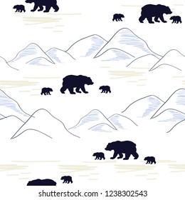 Vintage inspirational hand drawn seamless pattern print background.  Hand drawn vector illustration with bears, mountains. Inspirational hipster style illustration. Isolated on white  background
