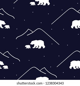 Vintage inspirational hand drawn seamless pattern print background.  Hand drawn vector illustration with bears, mountains. Inspirational hipster style illustration. Isolated on blue  background